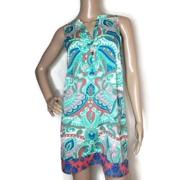 Tracy Negoshian XS Sleeveless Colorful Paisley Print Shift Dress Gold Buttons - Picture 10 of 12